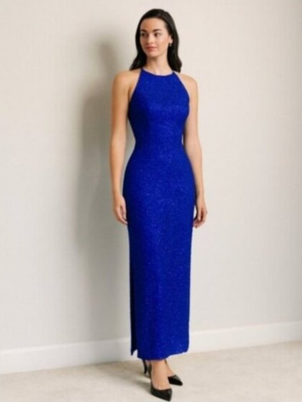 Andretta Donatello Blue Vintage Silk Beaded Formal Maxi Dress